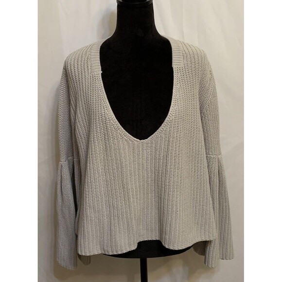 Free People Sweaters - Free People Damsel Sweater Women Size XL Taupe Bell Sleeve V Neck Chunky Knit